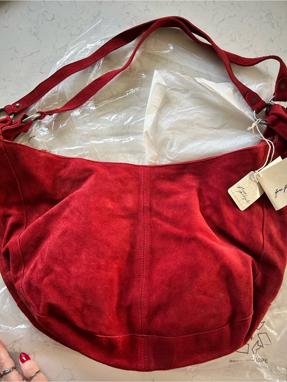 🍓NWT Free People Suede Roma Tote in Garnet With Included Strawberry Bag Charm - Picture 7 of 11